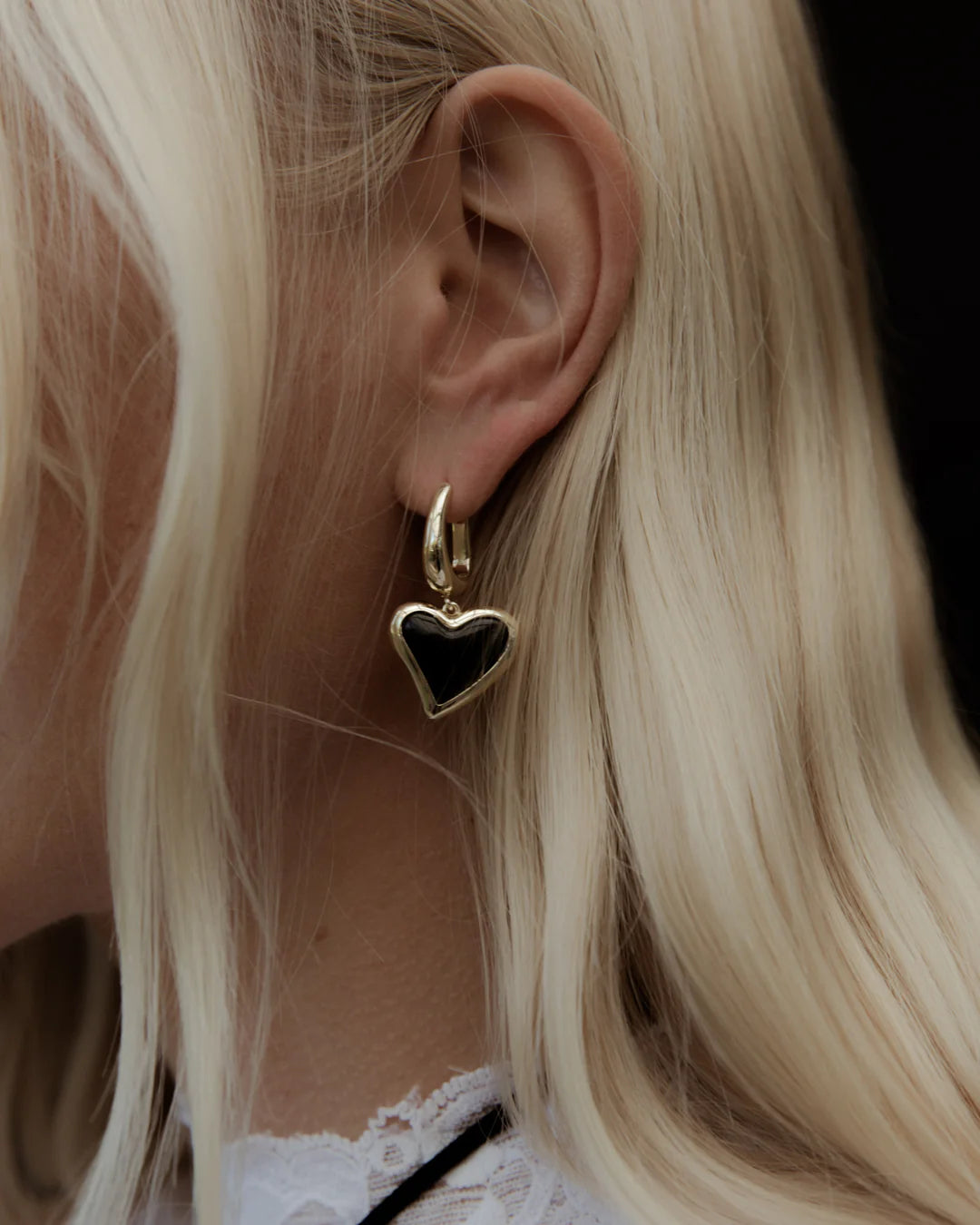 Whitney Heart Charm Earrings - Brass + 18K Gold Plating + Onyx