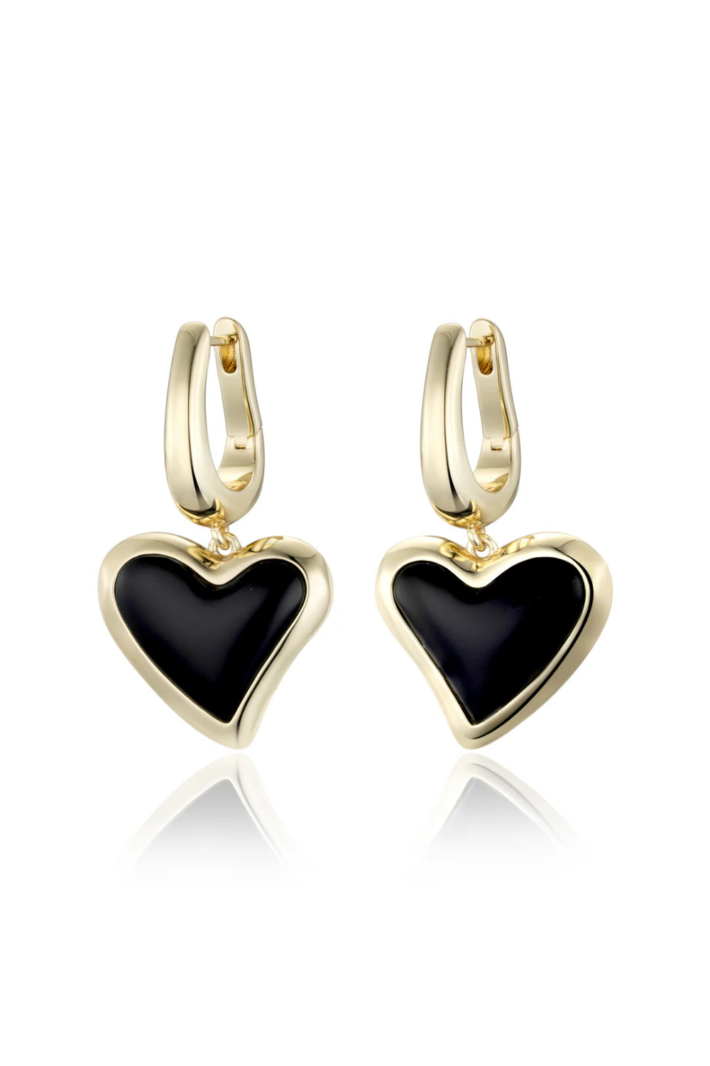 Whitney Heart Charm Earrings - Brass + 18K Gold Plating + Onyx