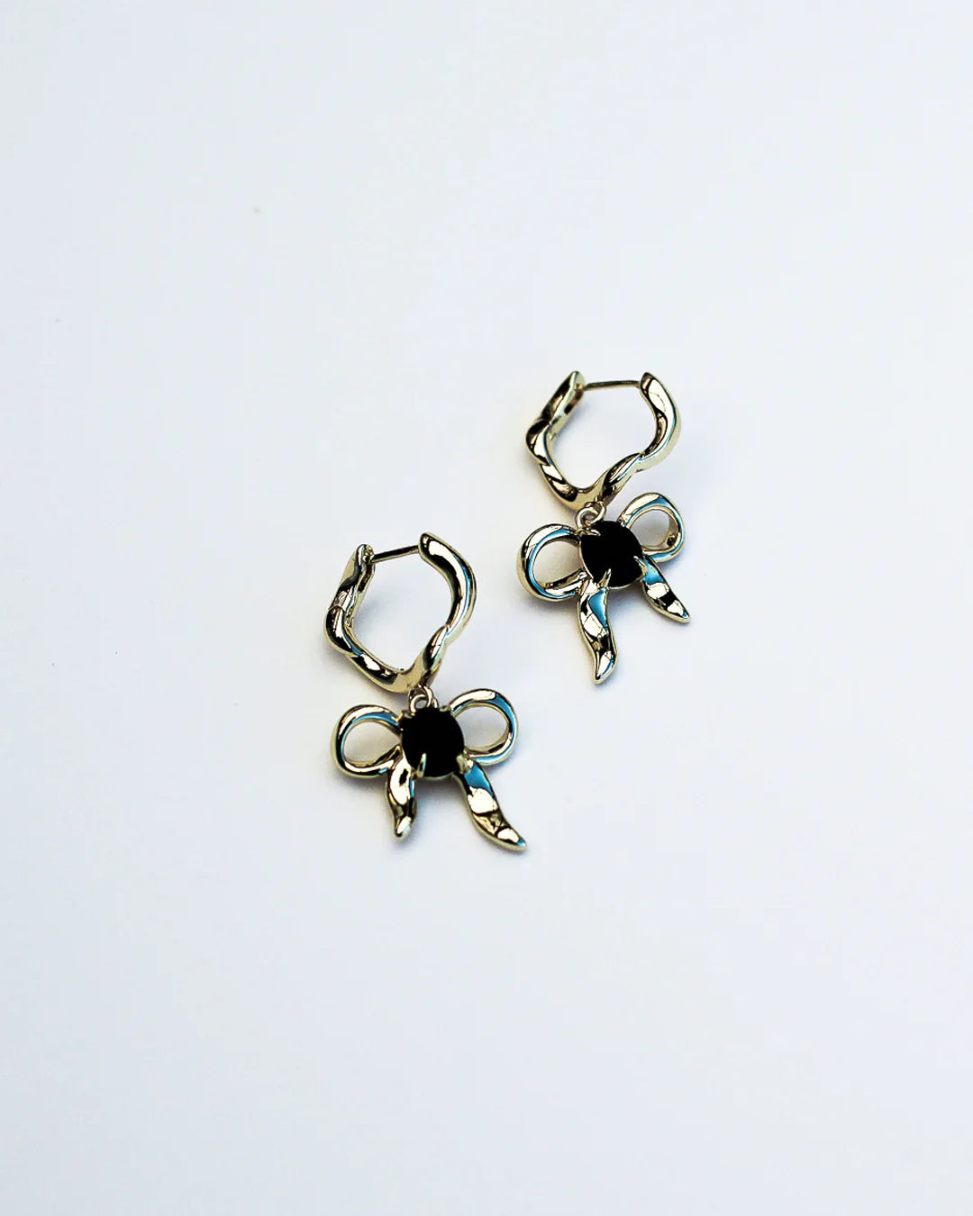 Bow Charm Earrings - Solid Sterling Silver + Onyx